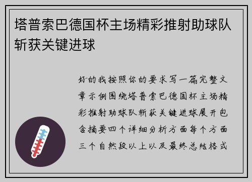 塔普索巴德国杯主场精彩推射助球队斩获关键进球