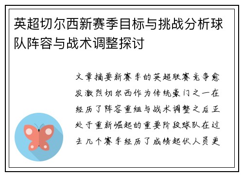 英超切尔西新赛季目标与挑战分析球队阵容与战术调整探讨 英超切尔西新赛季目标与挑战分析球队阵容与战术调整探讨